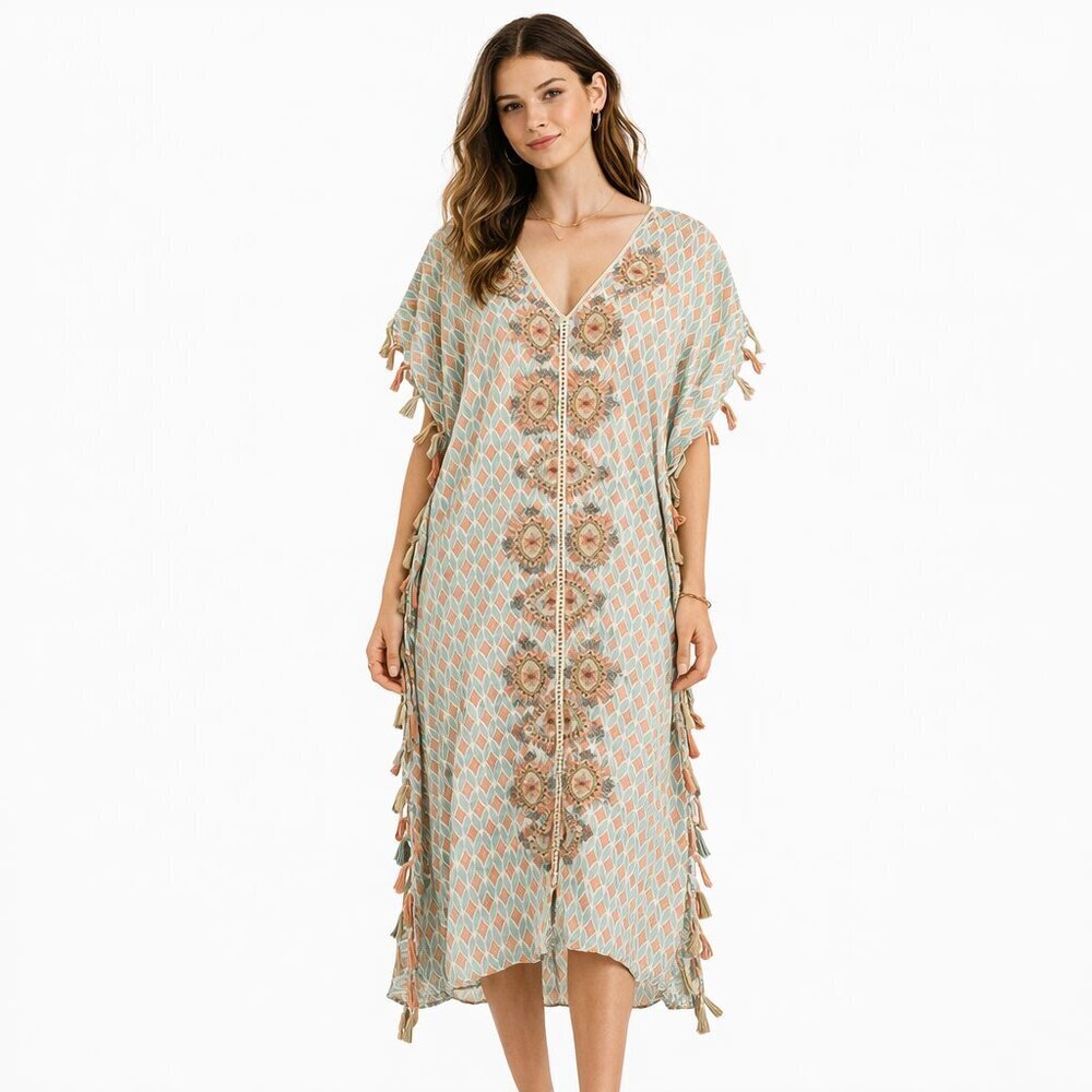 SKEMO Kaftan Dress Beach Cover Up Fringe Beads Embroidered Size Small